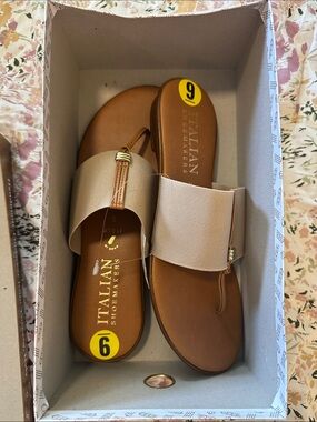 Italian Shoemakers Brown Leather & Beige Fabric Thong Sandals